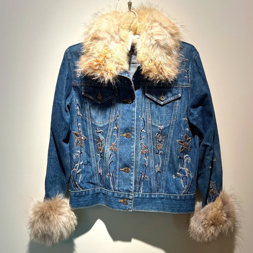 Adrienne Landau Beaded Floral Design Jean Jacket, Sz S, Used; V. Good Condition